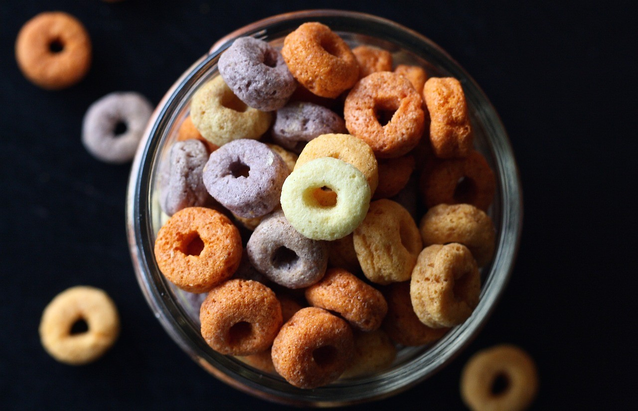 View of a bowl of cereal from above